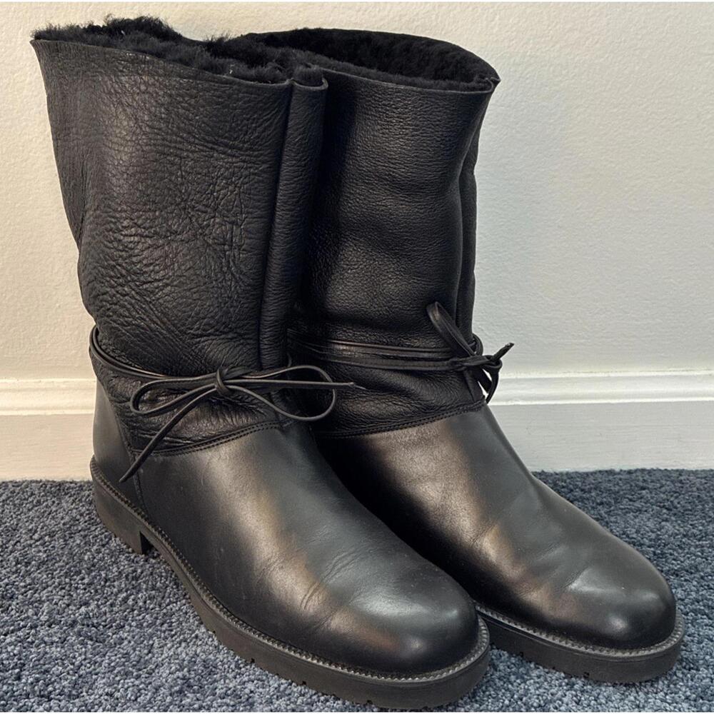 Santana Canada Black Leather Boots Women’s 10 Faux Fur Lining Wrap Around Tie